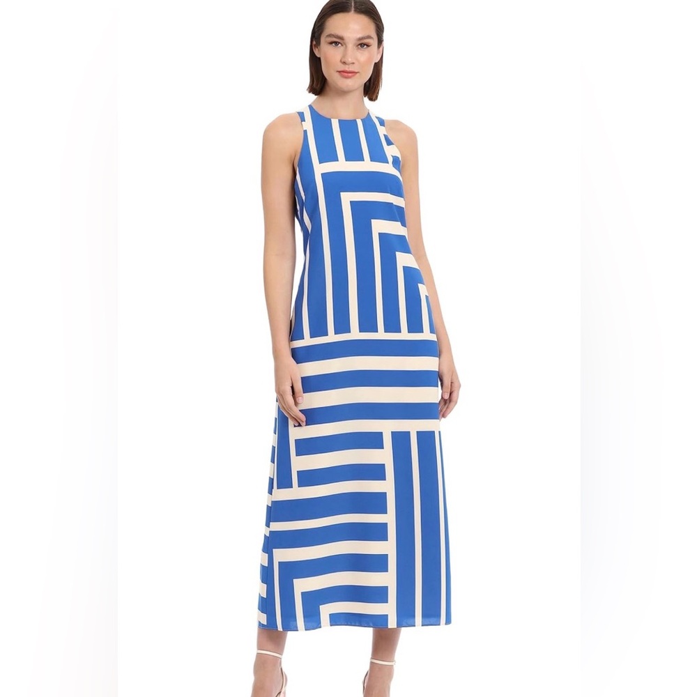 Donna Morgan Sleeveless Geometric Midi Dress Blue Cream – Size 6 NWT
